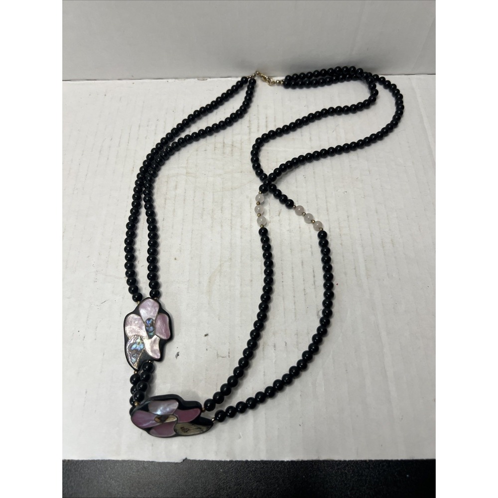 Vintage Lee Sands Mother Of Pearl Inlay Flower Beaded Necklace Tropical QVC